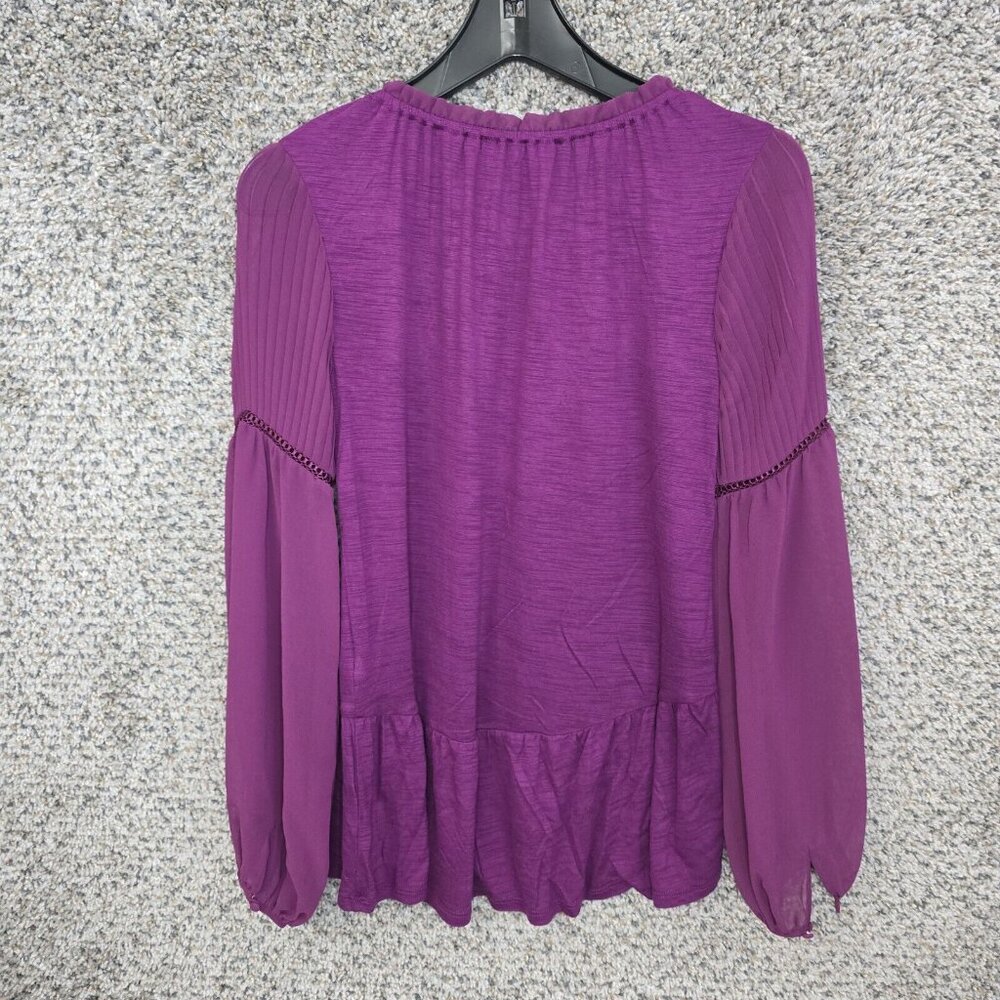 White House‎ Black Market Top Womens XXS Purple Embroidered Blouse Neck Tie - Picture 7 of 7